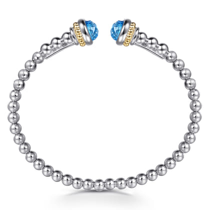 14K Yellow Gold and 925 Sterling Silver Blue Topaz Bujukan Open Bangle