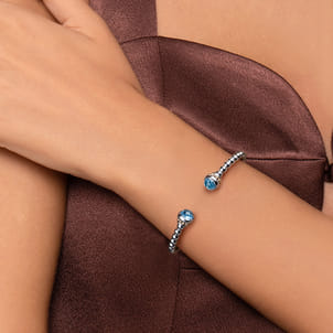 14K Yellow Gold and 925 Sterling Silver Blue Topaz Bujukan Open Bangle