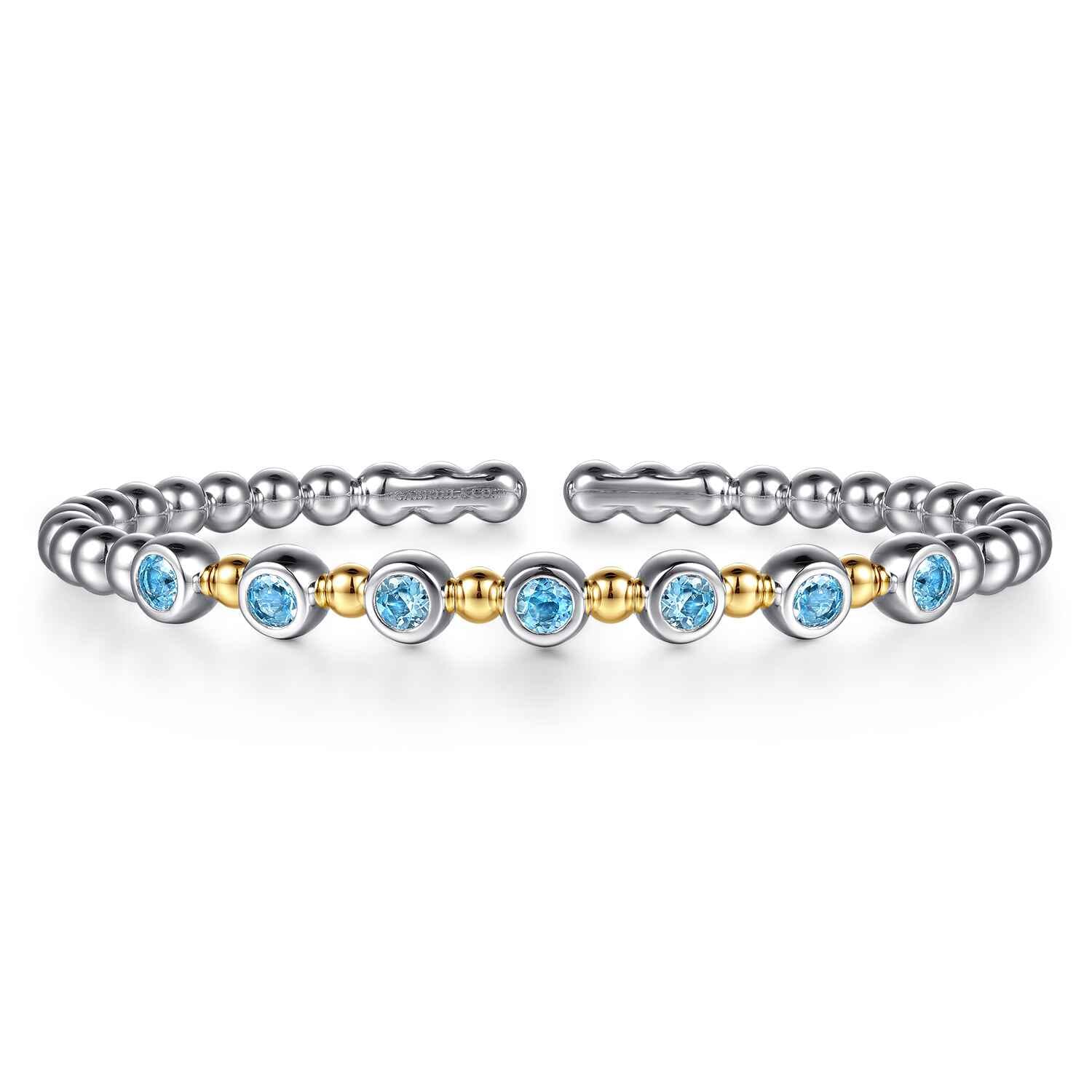 14K Yellow Gold and 925 Sterling Silver BlueTopaz Bezel Set Bujukan Split Bangle Bracelet