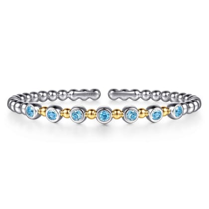 14K Yellow Gold and 925 Sterling Silver BlueTopaz Bezel Set Bujukan Split Bangle Bracelet
