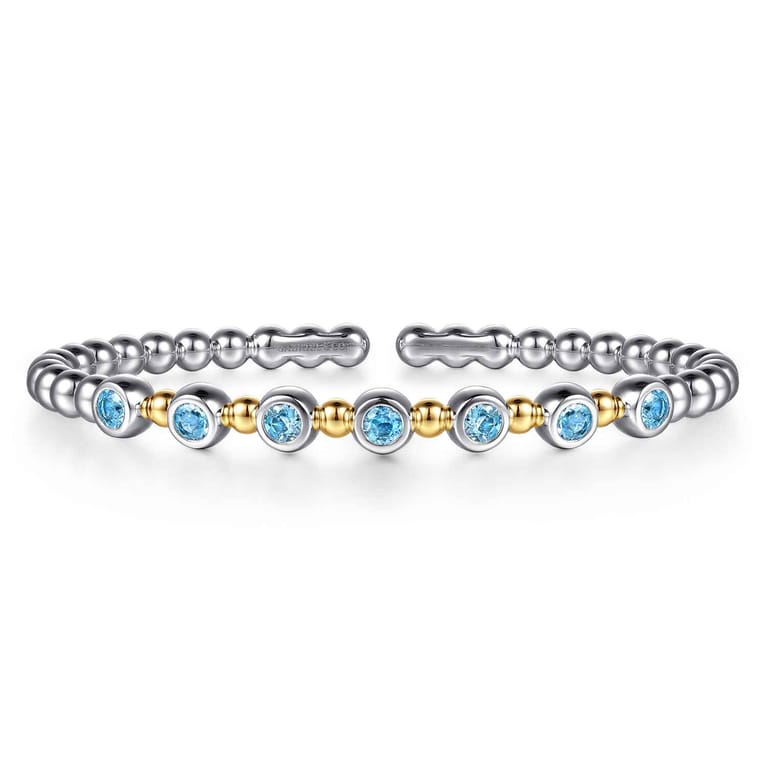 14K Yellow Gold and 925 Sterling Silver BlueTopaz Bezel Set Bujukan Split Bangle Bracelet - Shot 1