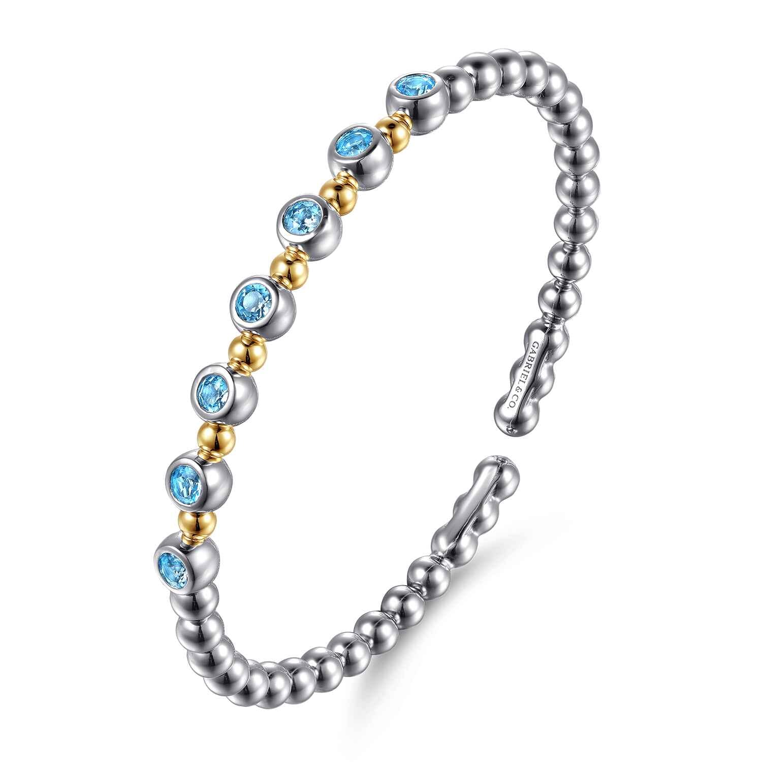 14K Yellow Gold and 925 Sterling Silver BlueTopaz Bezel Set Bujukan Split Bangle Bracelet