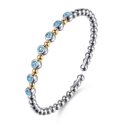 14K Yellow Gold and 925 Sterling Silver BlueTopaz Bezel Set Bujukan Split Bangle Bracelet