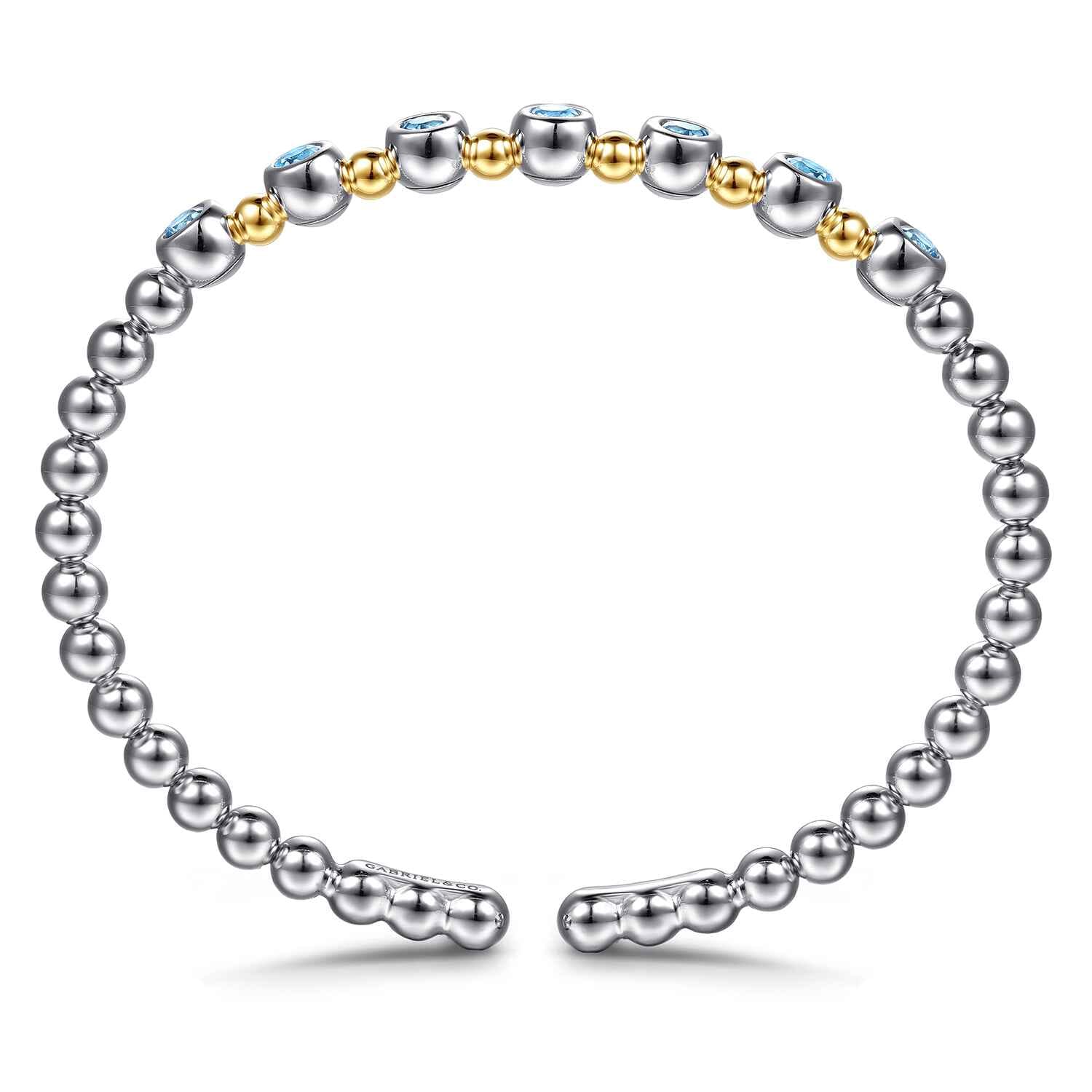 14K Yellow Gold and 925 Sterling Silver BlueTopaz Bezel Set Bujukan Split Bangle Bracelet