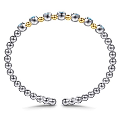 14K Yellow Gold and 925 Sterling Silver BlueTopaz Bezel Set Bujukan Split Bangle Bracelet