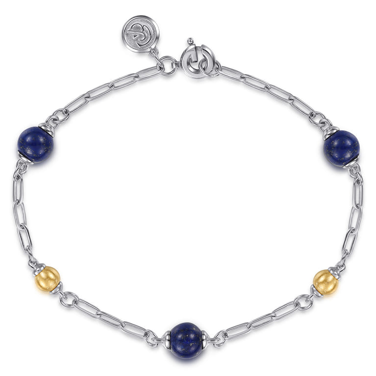14K Yellow Gold and 925 Sterling Silver Brush Bujukan Beads and Lapis Station Bracelet - Shot 1