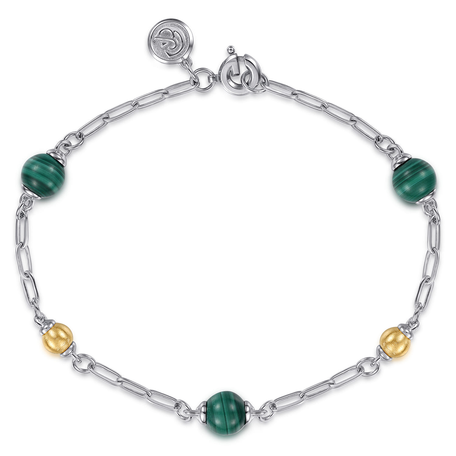 14K Yellow Gold and 925 Sterling Silver Brush Bujukan Beads and Malachite Station Bracelet - Shot 1