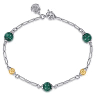 14K Yellow Gold and 925 Sterling Silver Brush Bujukan Beads and Malachite Station Bracelet