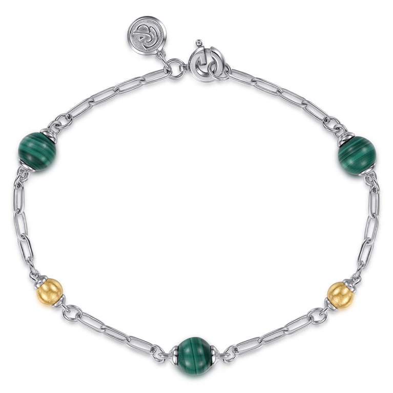 14K Yellow Gold and 925 Sterling Silver Brush Bujukan Beads and Malachite Station Bracelet - Shot 1