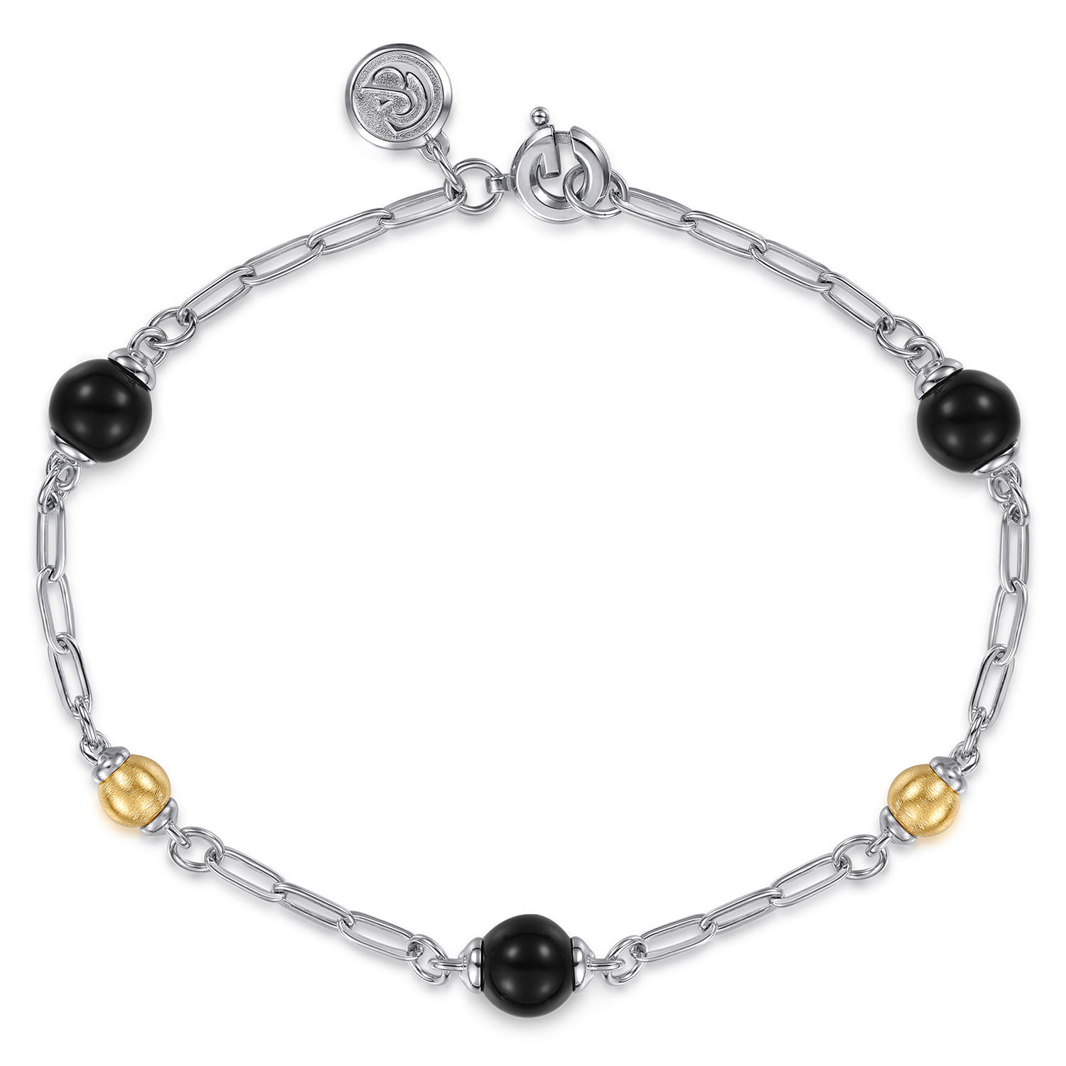 14K Yellow Gold and 925 Sterling Silver Brush Bujukan Beads and Onyx Station Bracelet - Shot 1