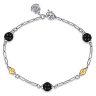 14K Yellow Gold and 925 Sterling Silver Brush Bujukan Beads and Onyx Station Bracelet