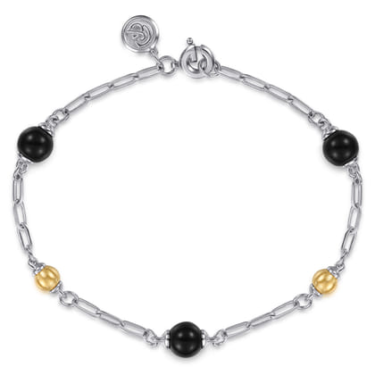 14K Yellow Gold and 925 Sterling Silver Brush Bujukan Beads and Onyx Station Bracelet