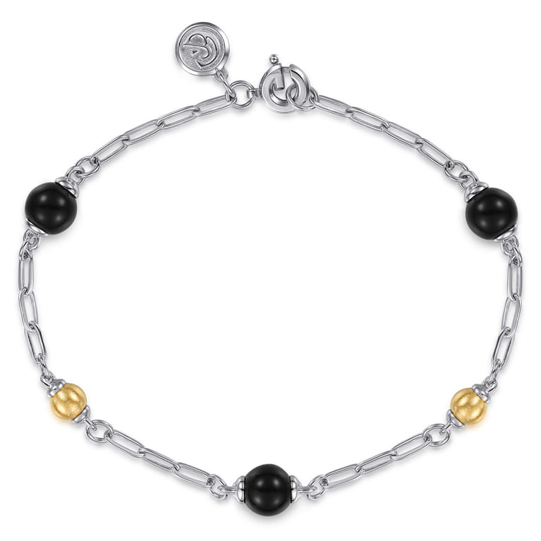 14K Yellow Gold and 925 Sterling Silver Brush Bujukan Beads and Onyx Station Bracelet - Shot 1
