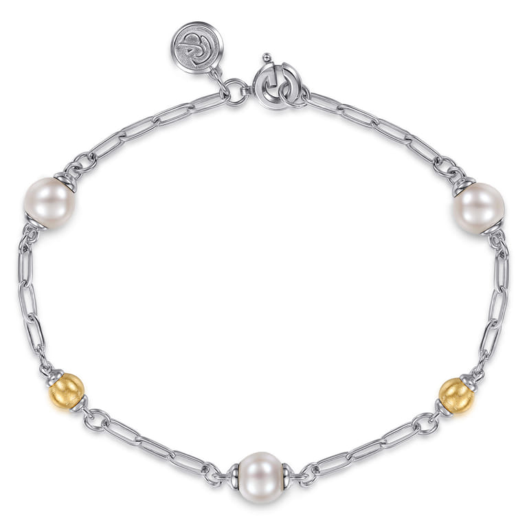 14K Yellow Gold and 925 Sterling Silver Brush Bujukan Beads and Pearl Station Bracelet - Shot 1
