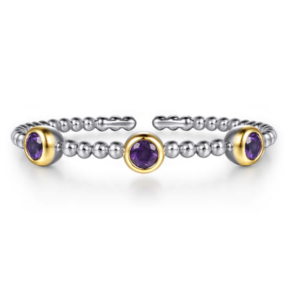 14K Yellow Gold and 925 Sterling Silver Bujukan Amethyst Bangle Bracelet