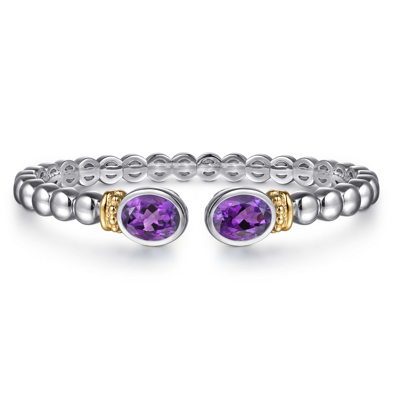 14K Yellow Gold and 925 Sterling Silver Bujukan Amethyst Open Bangle Bracelet