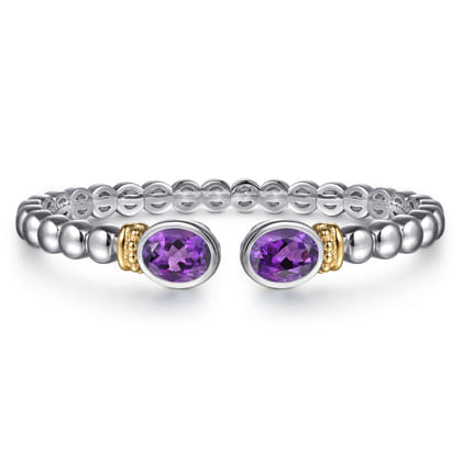 14K Yellow Gold and 925 Sterling Silver Bujukan Amethyst Open Bangle Bracelet