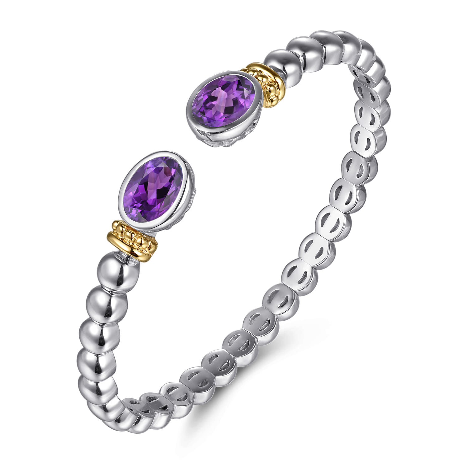 14K Yellow Gold and 925 Sterling Silver Bujukan Amethyst Open Bangle Bracelet