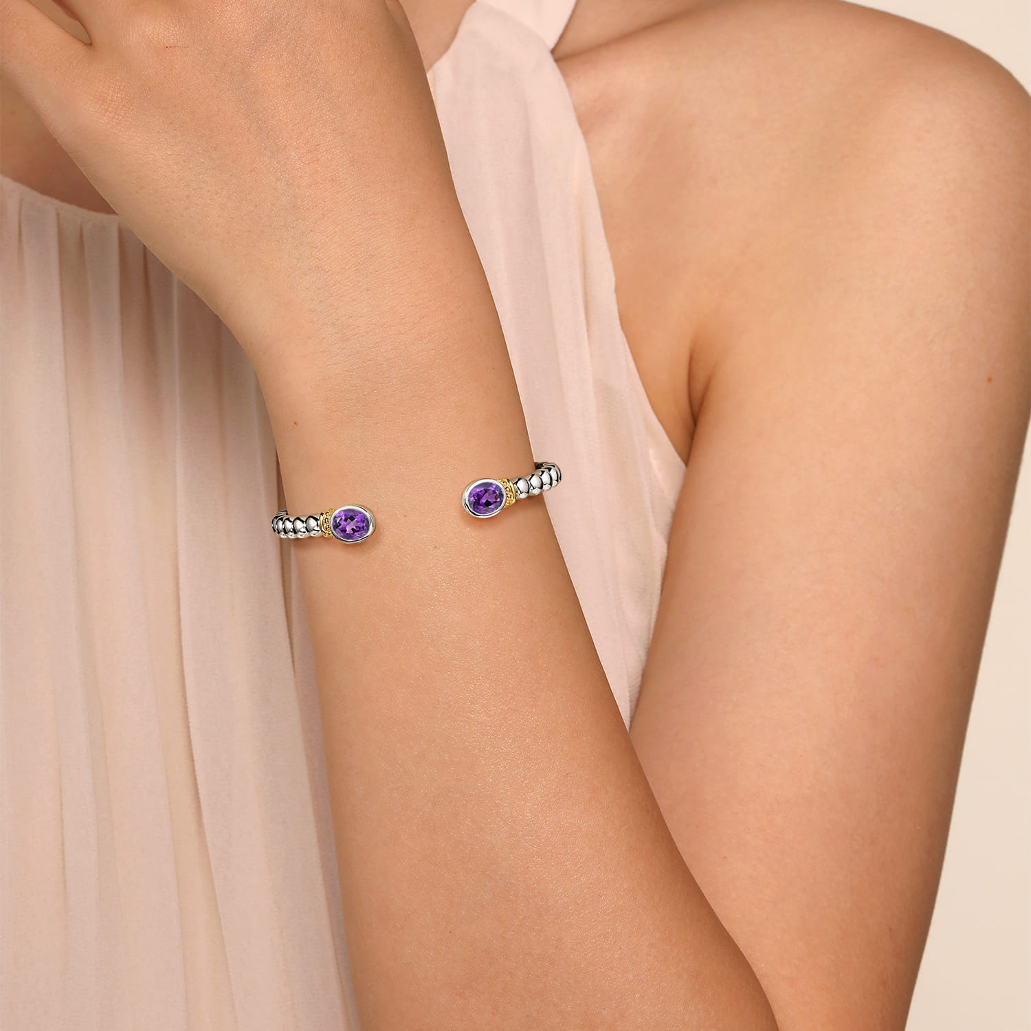 14K Yellow Gold and 925 Sterling Silver Bujukan Amethyst Open Bangle Bracelet