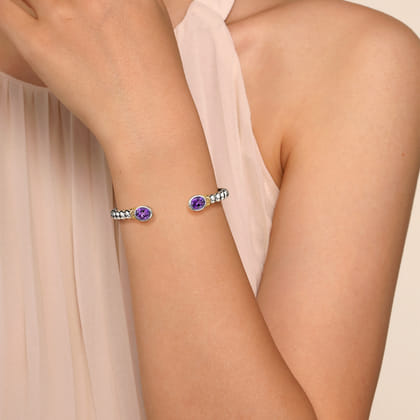 14K Yellow Gold and 925 Sterling Silver Bujukan Amethyst Open Bangle Bracelet
