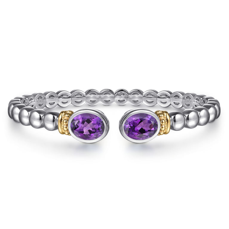 14K Yellow Gold and 925 Sterling Silver Bujukan Amethyst Open Bangle Bracelet - Shot 1
