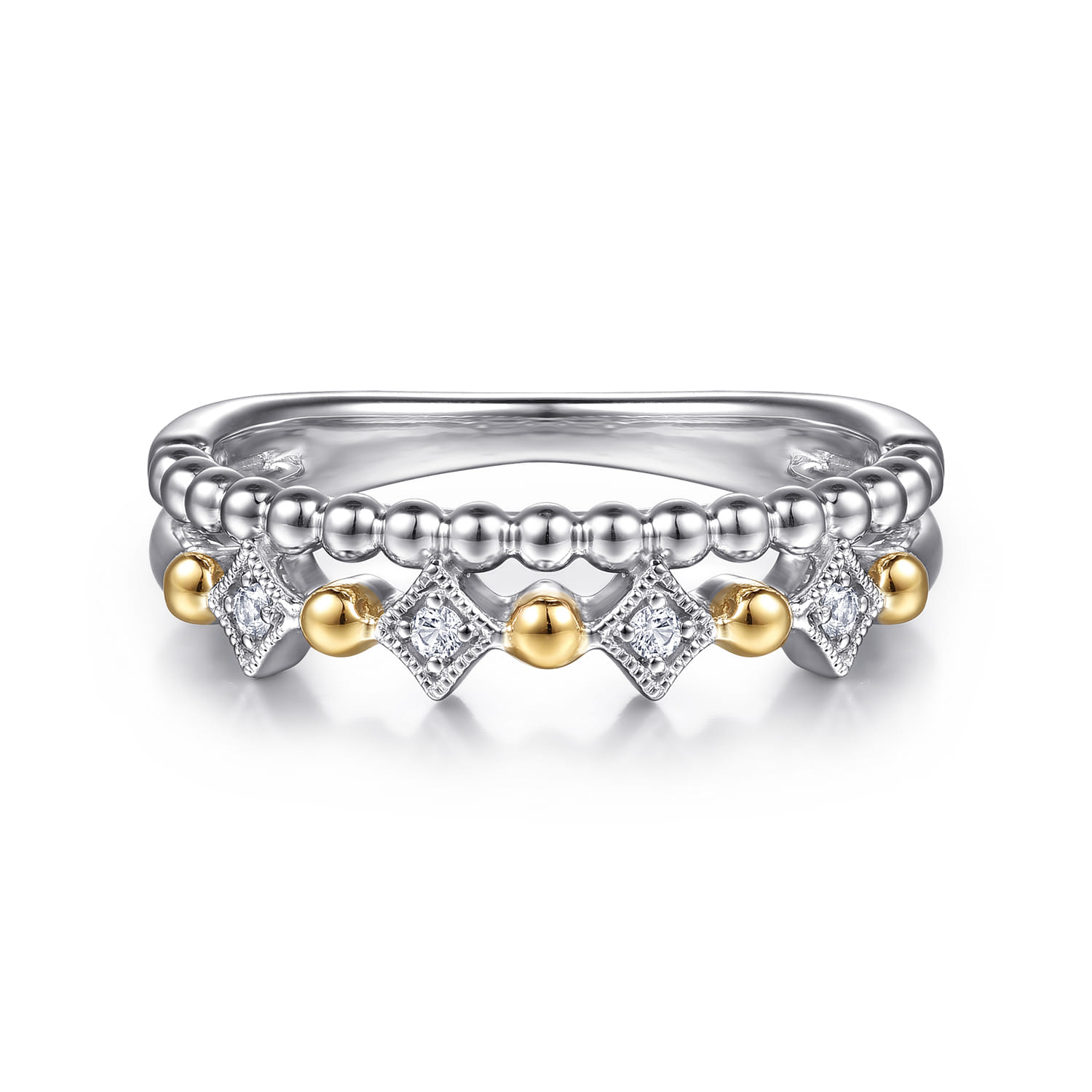 14K Yellow Gold and 925 Sterling Silver Bujukan Ball White Sapphire Easy Stackable Ring - Shot 1