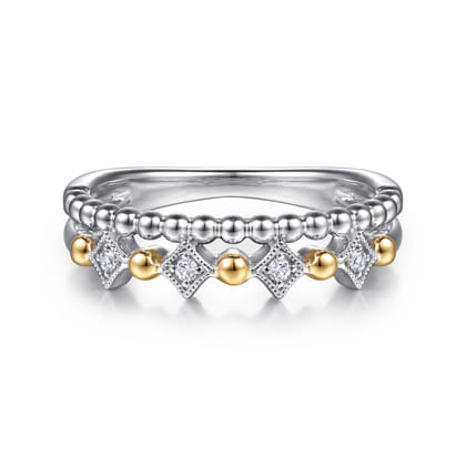 14K Yellow Gold and 925 Sterling Silver Bujukan Ball White Sapphire Easy Stackable Ring
