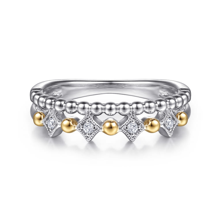 14K Yellow Gold and 925 Sterling Silver Bujukan Ball White Sapphire Easy Stackable Ring - Shot 1