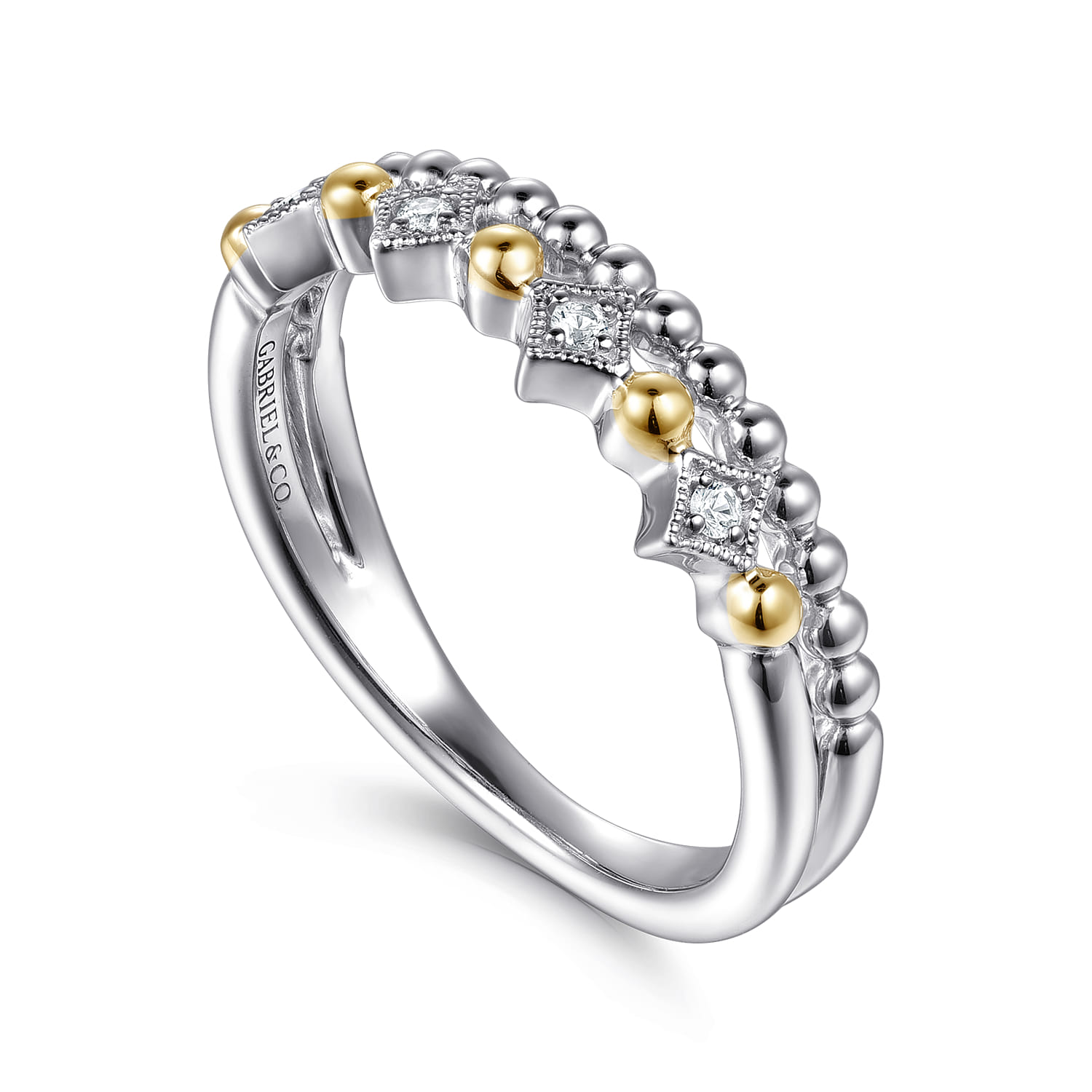 14K Yellow Gold and 925 Sterling Silver Bujukan Ball White Sapphire Easy Stackable Ring - Shot 3