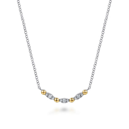 14K Yellow Gold and 925 Sterling Silver Bujukan Ball White Sapphire Maquise Bar Necklace