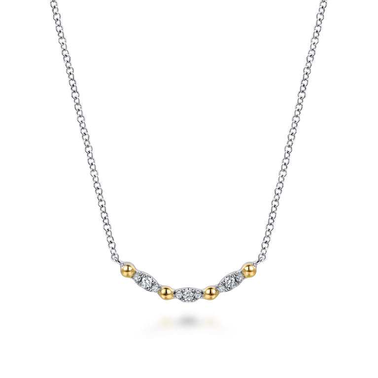 14K Yellow Gold and 925 Sterling Silver Bujukan Ball White Sapphire Maquise Bar Necklace - Shot 1