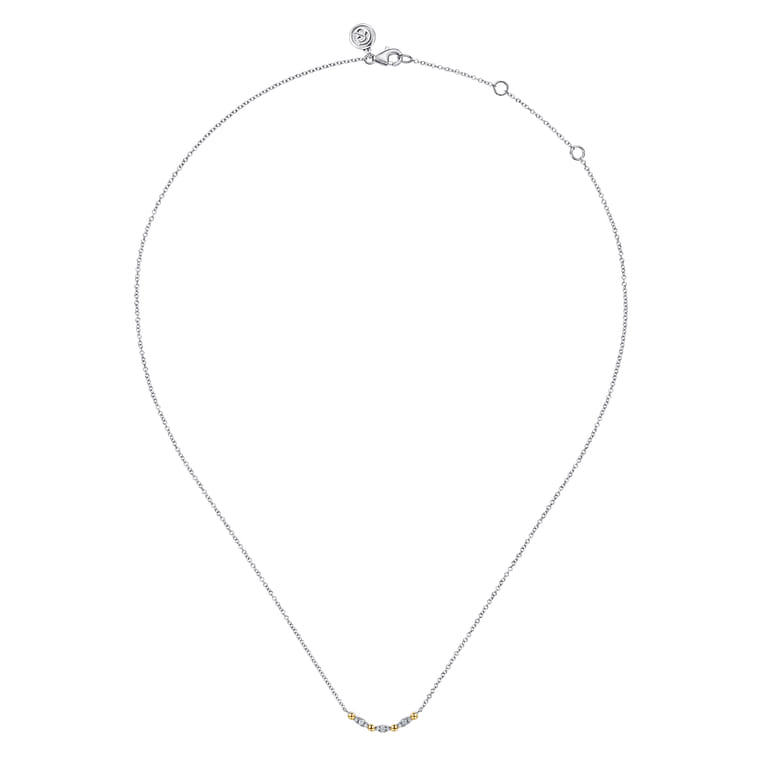 14K Yellow Gold and 925 Sterling Silver Bujukan Ball White Sapphire Maquise Bar Necklace - Shot 2