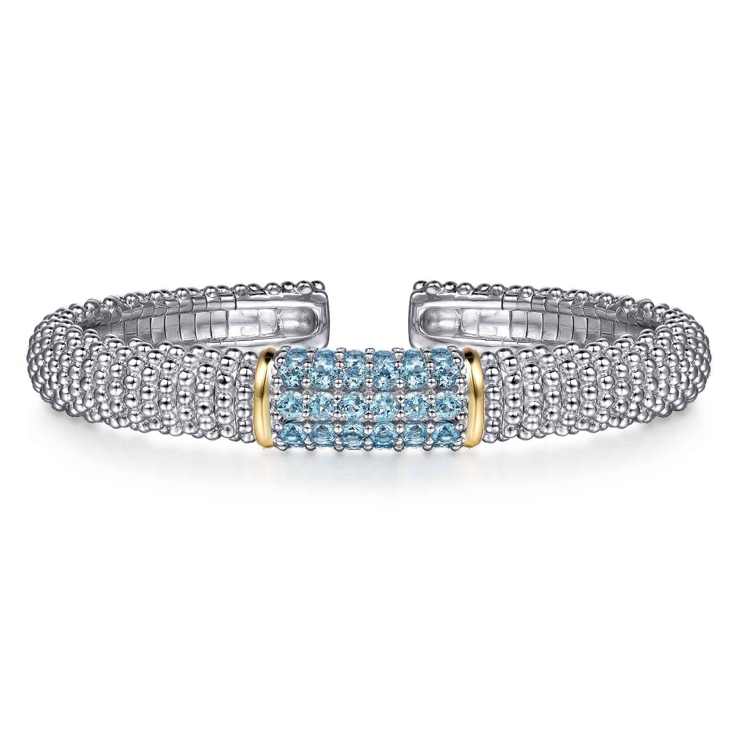 14K Yellow Gold and 925 Sterling Silver Bujukan Bangle with Pave Blue Topaz - Shot 1