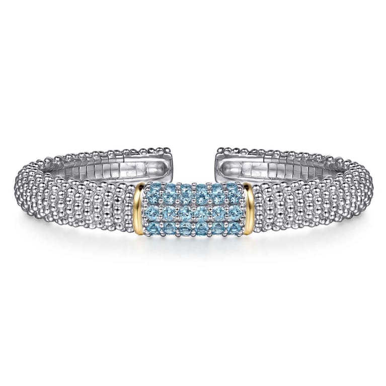 14K Yellow Gold and 925 Sterling Silver Bujukan Bangle with Pave Blue Topaz - Shot 1