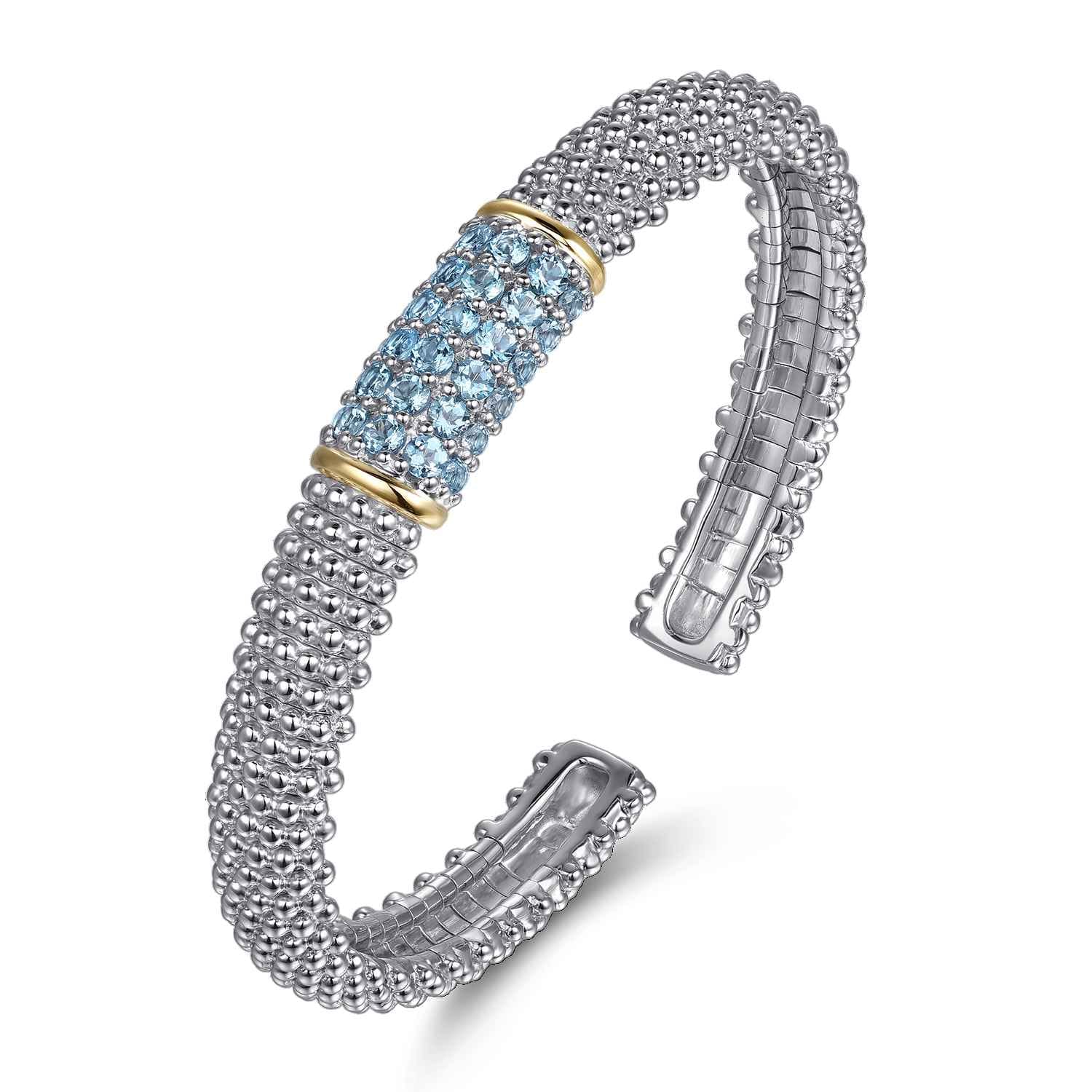 14K Yellow Gold and 925 Sterling Silver Bujukan Bangle with Pave Blue Topaz - Shot 2