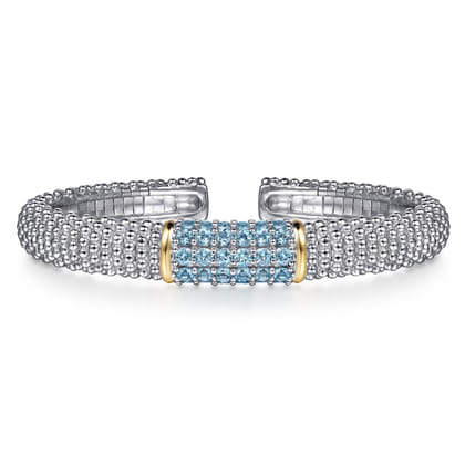 14K Yellow Gold and 925 Sterling Silver Bujukan Bangle with Pave Blue Topaz