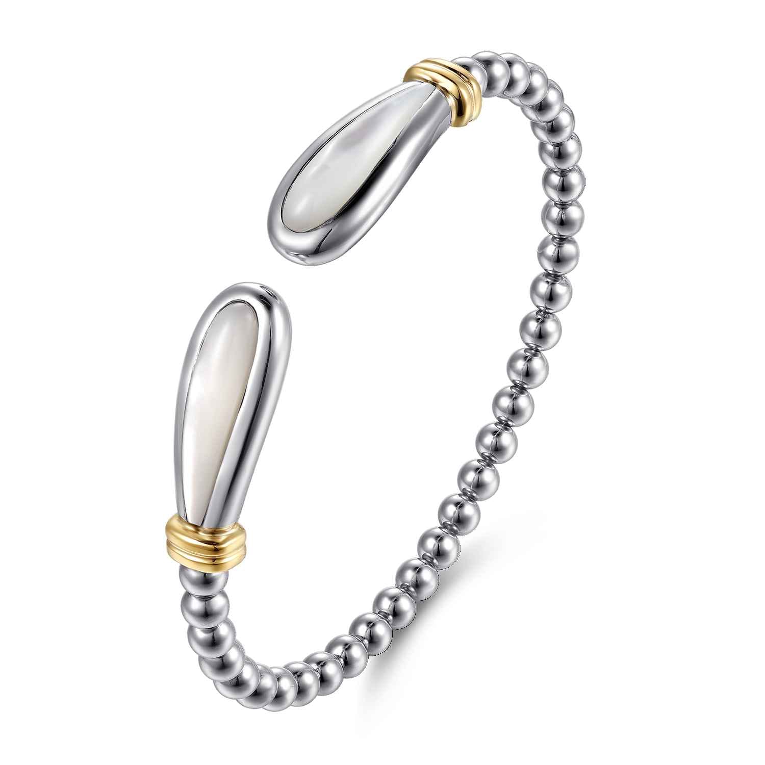 14K Yellow Gold and 925 Sterling Silver Bujukan Bangle with White Mother of Pearl - Shot 2