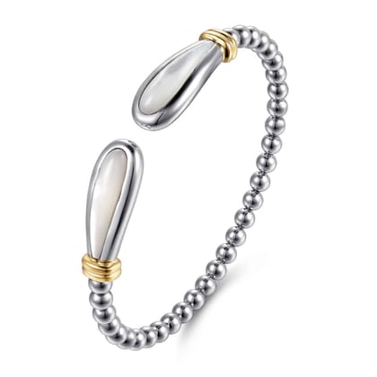 14K Yellow Gold and 925 Sterling Silver Bujukan Bangle with White Mother of Pearl