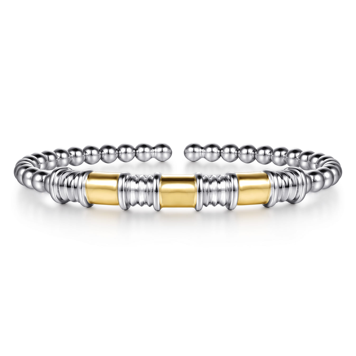 14K Yellow Gold and 925 Sterling Silver Bujukan Beaded Diamond Cut Station Cuff Bangle Bracelet - Shot 1
