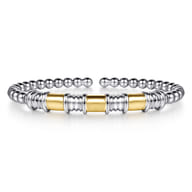 14K Yellow Gold and 925 Sterling Silver Bujukan Beaded Diamond Cut Station Cuff Bangle Bracelet