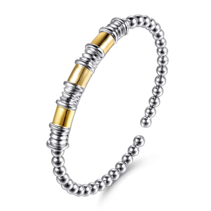 14K Yellow Gold and 925 Sterling Silver Bujukan Beaded Diamond Cut Station Cuff Bangle Bracelet