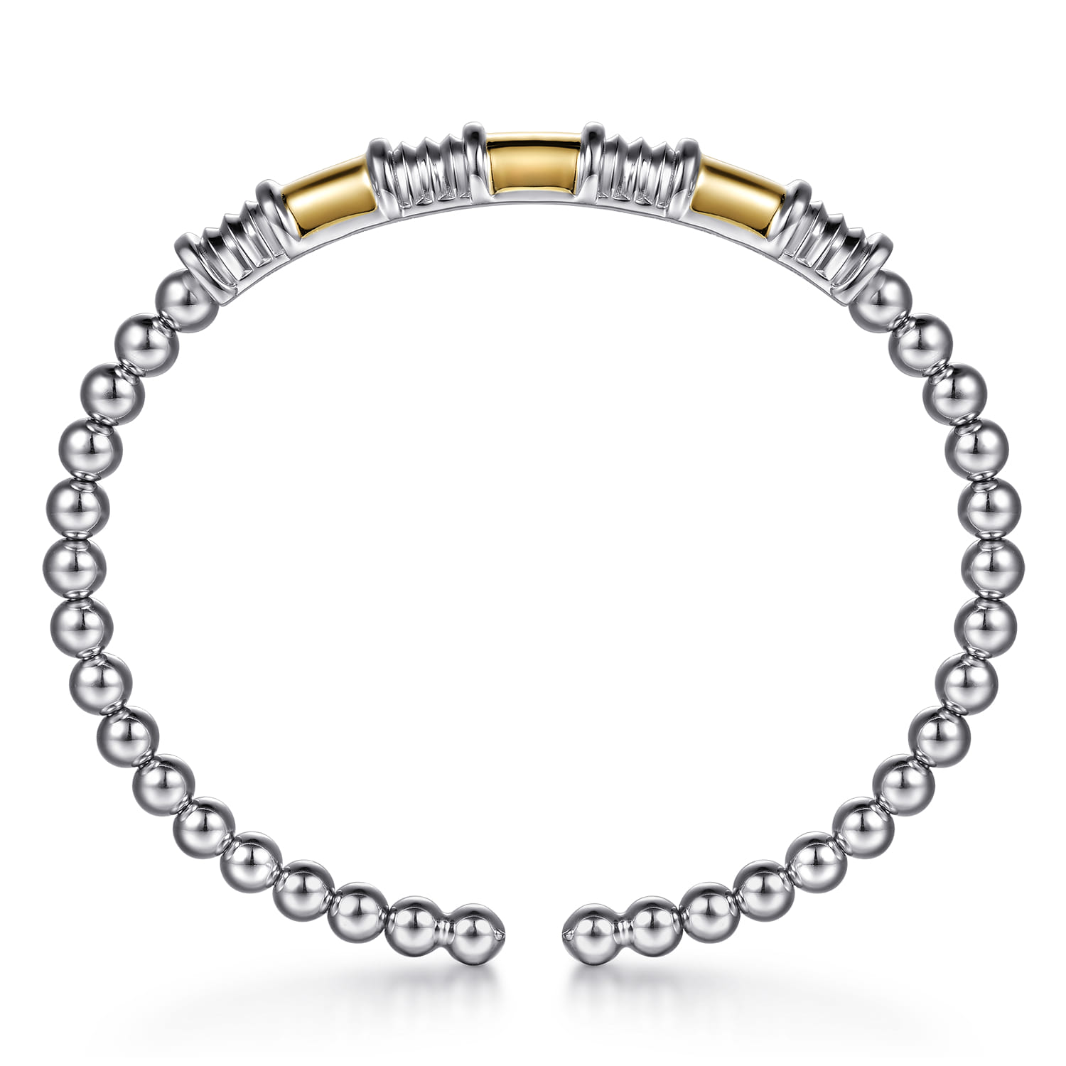 14K Yellow Gold and 925 Sterling Silver Bujukan Beaded Diamond Cut Station Cuff Bangle Bracelet - Shot 3