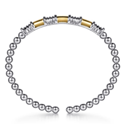 14K Yellow Gold and 925 Sterling Silver Bujukan Beaded Diamond Cut Station Cuff Bangle Bracelet