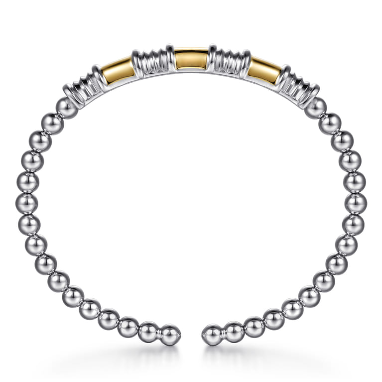 14K Yellow Gold and 925 Sterling Silver Bujukan Beaded Diamond Cut Station Cuff Bangle Bracelet - Shot 3