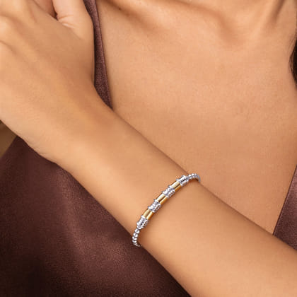 14K Yellow Gold and 925 Sterling Silver Bujukan Beaded Diamond Cut Station Cuff Bangle Bracelet