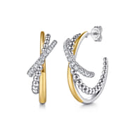 14K Yellow Gold and 925 Sterling Silver Bujukan Beaded White Sapphire Criss-Cross J Hoop Earrings