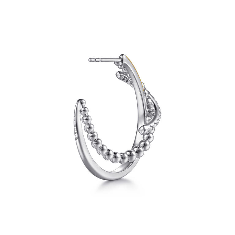14K Yellow Gold and 925 Sterling Silver Bujukan Beaded White Sapphire Criss-Cross J Hoop Earrings - Shot 2