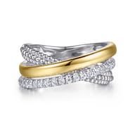 14K Yellow Gold and 925 Sterling Silver Bujukan Beaded White Sapphire Criss Cross Ring
