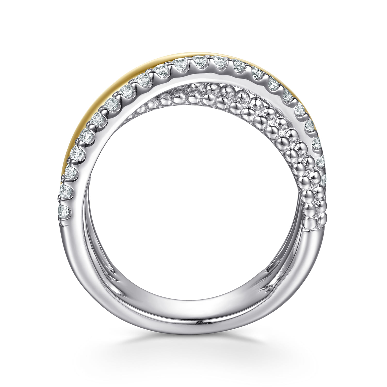 14K Yellow Gold and 925 Sterling Silver Bujukan Beaded White Sapphire Criss Cross Ring - Shot 2