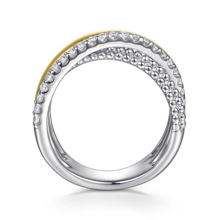 14K Yellow Gold and 925 Sterling Silver Bujukan Beaded White Sapphire Criss Cross Ring - Shot 2